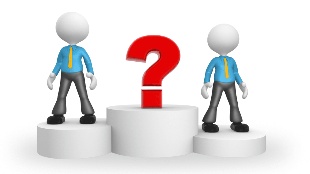 クエスチョンマークの両側に立つスーツを着た立体的な人間のイラスト