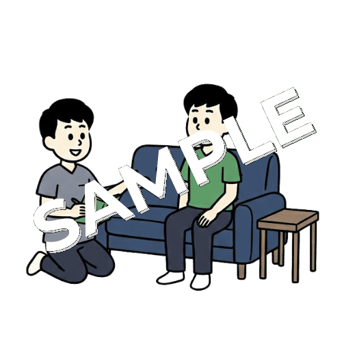 片膝をついてカウンセリングしている男性鍼灸師のイラスト