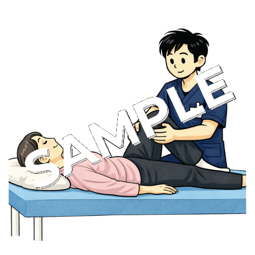 股関節屈曲のアセスメントをおこなう男性柔道整復師のイラスト
