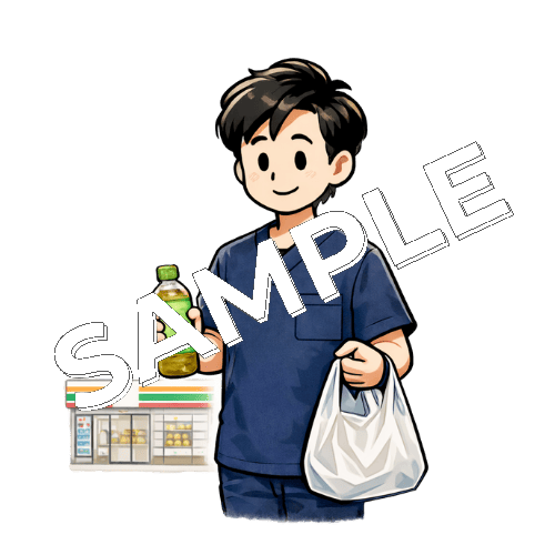 昼食を買いにコンビニに行くネイビー色のスクラブを着た男性柔道整復師のイラスト