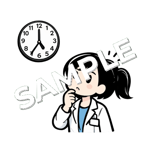 壁掛け時計を見る女性薬剤師のイラスト