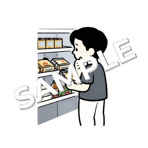 コンビニで昼食を選ぶ男性鍼灸師のイラスト