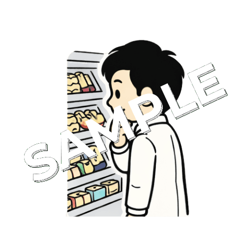 コンビニで昼食を選ぶ男性薬剤師のイラスト