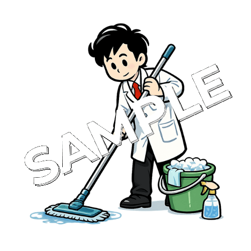 掃除している男性薬剤師のイラスト
