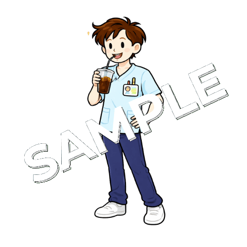 アイスコーヒーを飲む男性作業療法士のイラスト