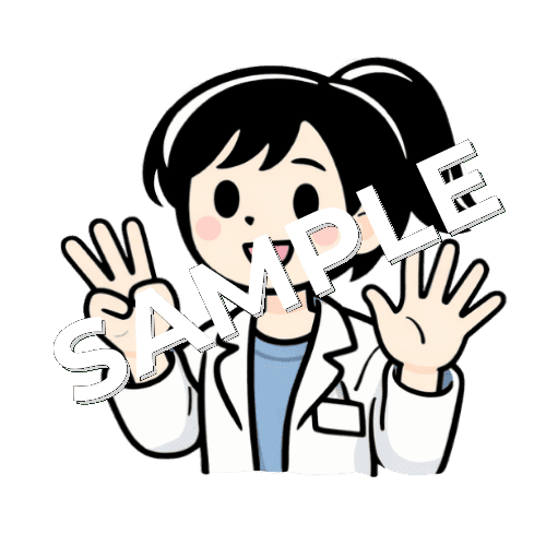 指で8のポーズをする女性薬剤師のイラスト