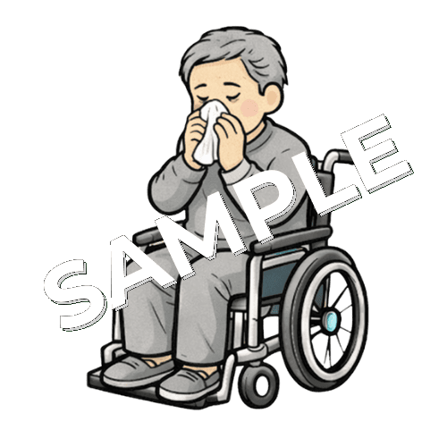 鼻をかむ車椅子高齢男性患者のイラスト