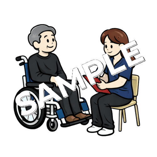 車椅子に座った男性患者に説明をする女性理学療法士のイラスト