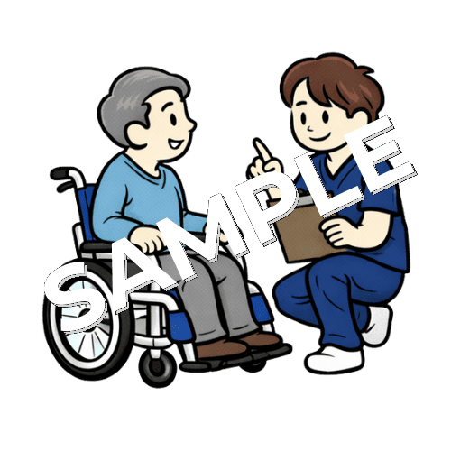 車椅子に座った男性患者に説明をする男性理学療法士のイラスト