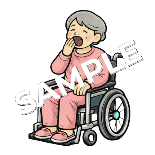 あくびをする車椅子女性患者のイラスト