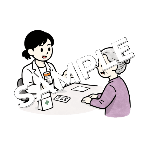 女性薬剤師が高齢女性患者に薬を処方しているイラスト