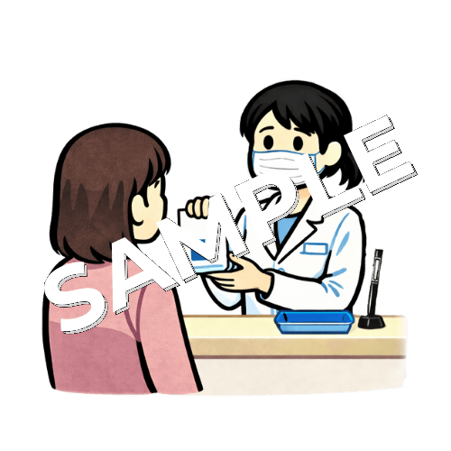 マスクをつけた女性薬剤師が女性患者に薬を渡しているイラスト