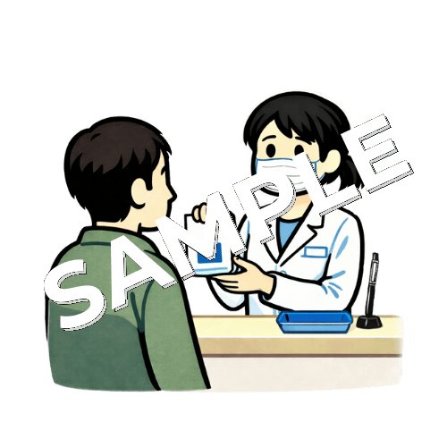 マスクをつけた女性薬剤師が男性患者に薬を渡しているイラスト