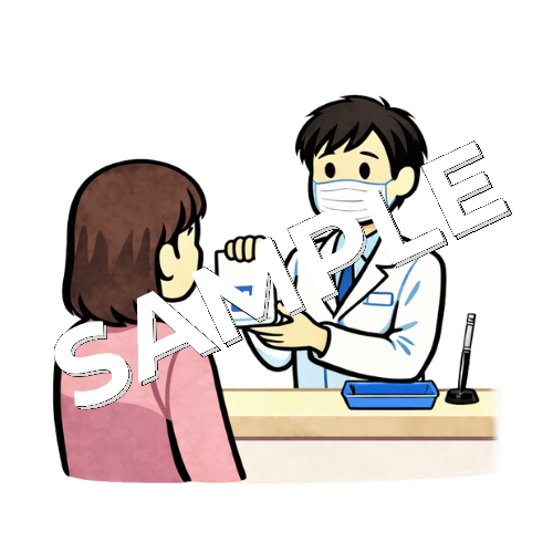 マスクをつけた男性薬剤師が女性患者に薬を渡しているイラスト