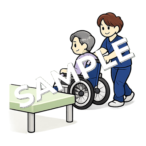 リハビリ室の施術ベッドへ男性患者を車椅子誘導する男性理学療法士のイラスト