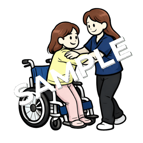 車椅子に乗った女性患者の起立介助をする女性理学療法士のイラスト