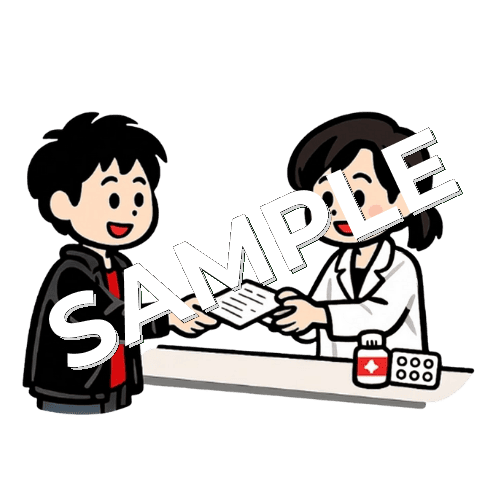 女性薬剤師が黒いジャケットを着た男性患者とやりとりをしているイラスト