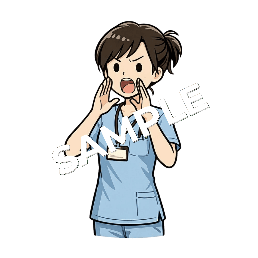 両手を口元にあてて叫んでいる女性柔道整復師のイラスト