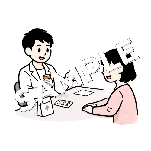 男性薬剤師が女性患者に薬を処方をしているイラスト