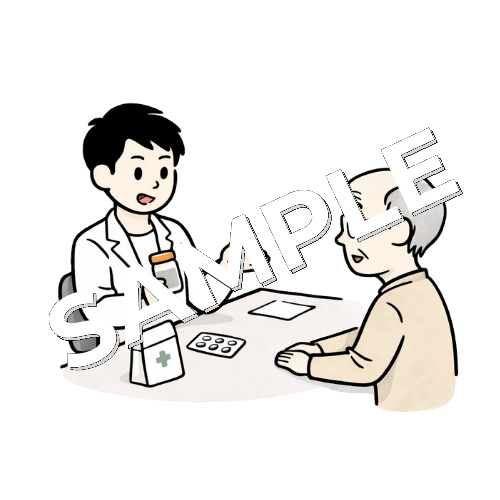 男性薬剤師が高齢男性患者に薬を処方をしているイラスト