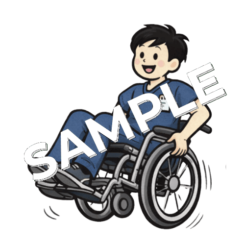車椅子でウィリーをする男性理学療法士のイラスト