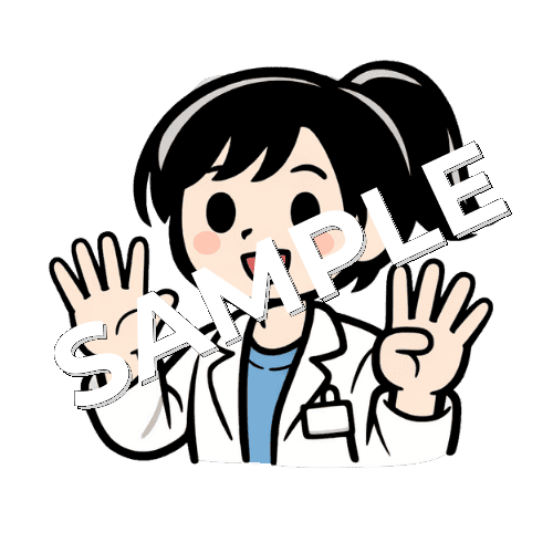 指で9のポーズをする女性薬剤師のイラスト