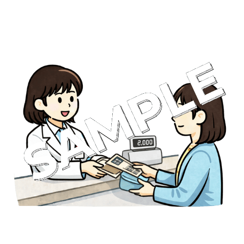 女性薬剤師が女性患者のレジ対応をしているイラスト