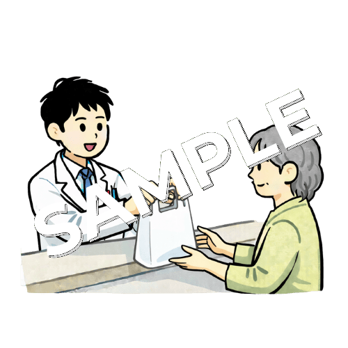 男性薬剤師が高齢女性患者に薬の袋を渡しているイラスト