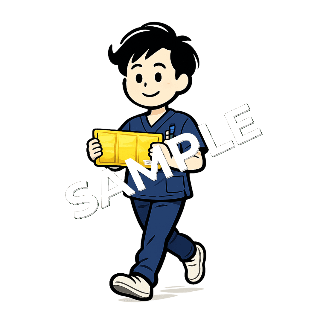 男性柔道整復師が黄色のホットパックを持っているイラスト