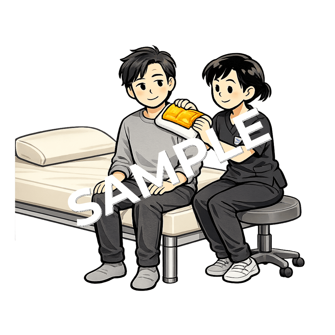 女性柔道整復師がホットパックを男性患者の肩にあてているイラスト