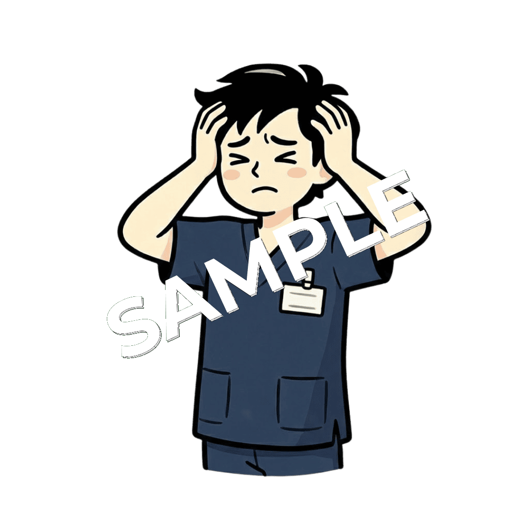 頭を抱えて困惑している男性柔道整復師のイラスト