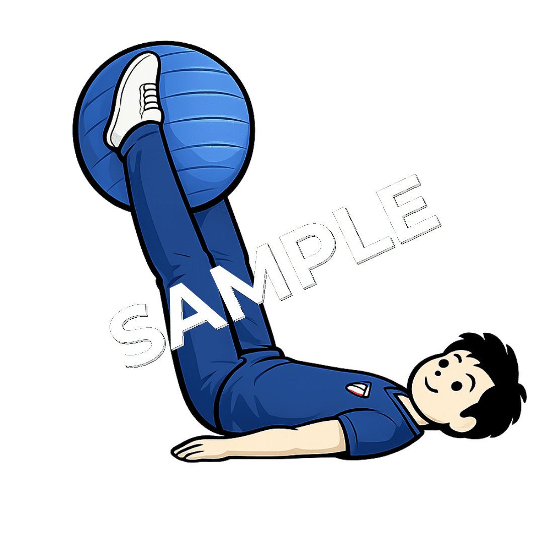 男性柔道整復師がバランスボールを両脚で挟んで腹筋トレーニングをしているイラスト