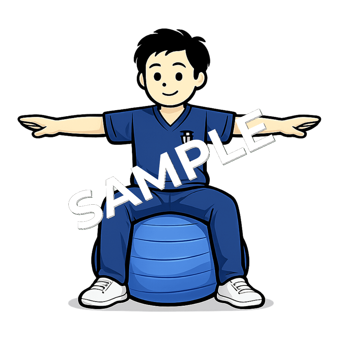 男性柔道整復師がバランスボールに座っているイラスト