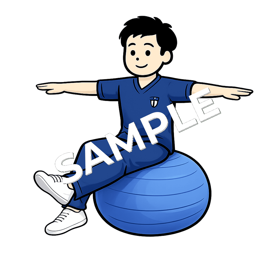 男性柔道整復師がバランスボールに座って片足を挙げているイラスト