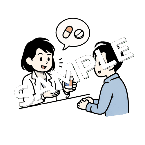 女性薬剤師が男性患者に薬の説明をしているイラスト