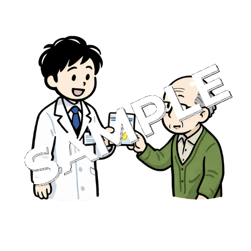 男性薬剤師が高齢男性患者に薬を手渡しているイラスト