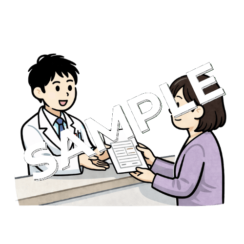 男性薬剤師が女性患者に問診票を手渡しているイラスト