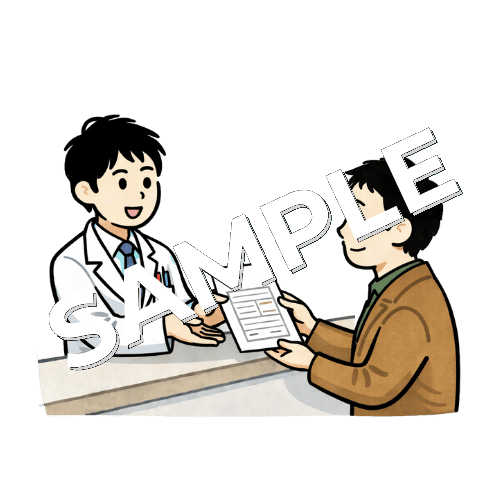 男性薬剤師が男性患者に問診票を渡しているイラスト