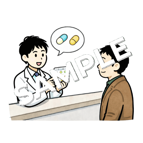 男性薬剤師が男性患者に薬の指導をしているイラスト