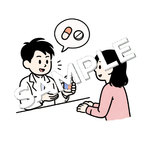 男性薬剤師が女性患者に薬の説明をしているイラスト