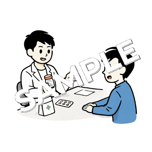 男性薬剤師が男性患者に薬を処方をしているイラスト