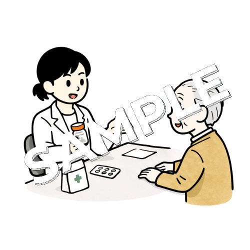 女性薬剤師が高齢男性患者に薬を処方をしているイラスト