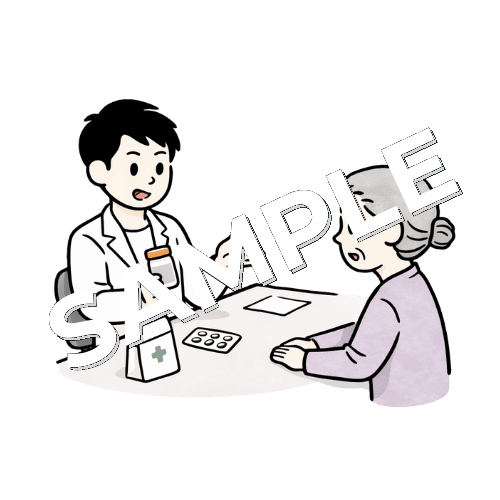 男性薬剤師が高齢女性患者に薬を処方をしているイラスト