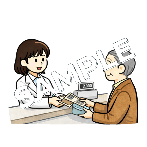 女性薬剤師が高齢男性患者のレジ対応をしているイラスト