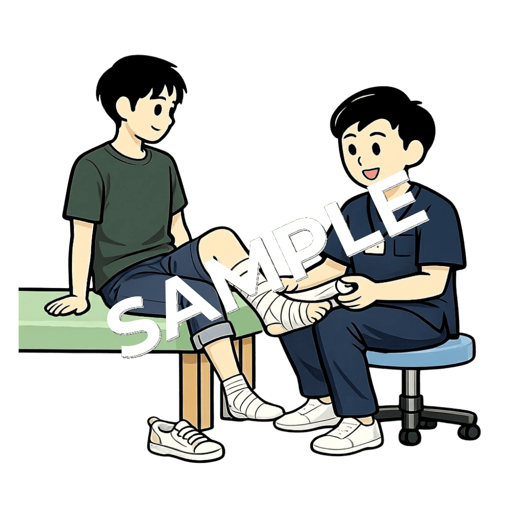 若い男性患者の足にテーピングを巻く男性柔道整復師のイラスト