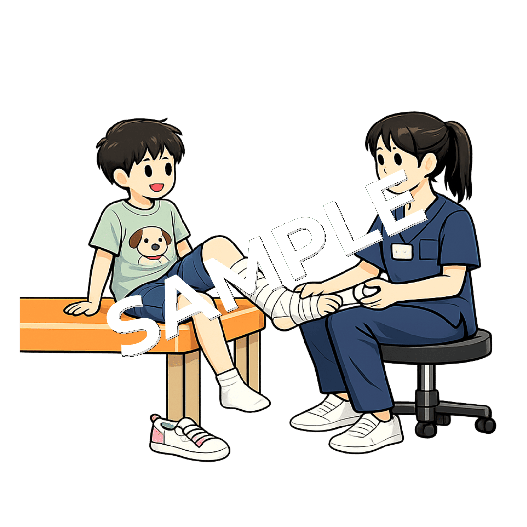 男の子の足にテーピングを巻く女性柔道整復師のイラスト