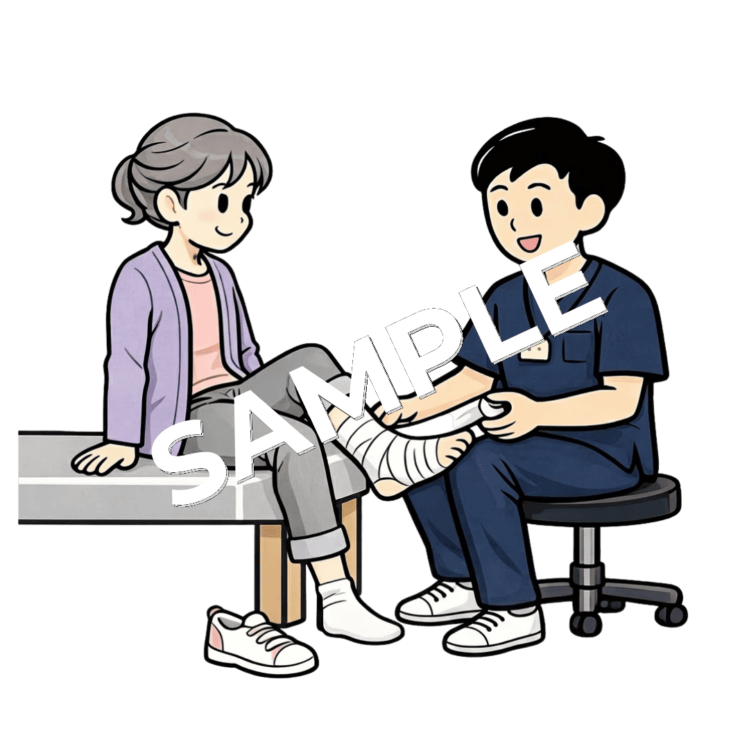 高齢女性患者の足にテーピングを巻く男性柔道整復師のイラスト