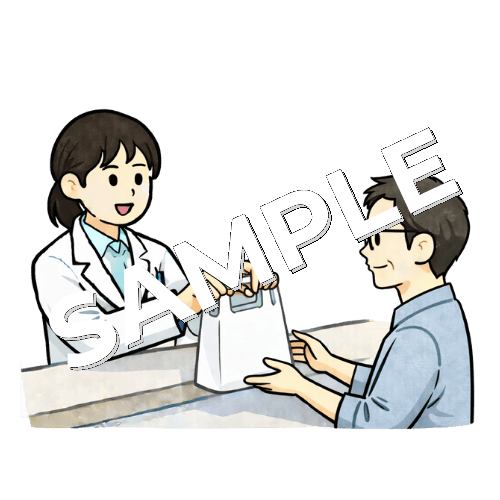 女性薬剤師が男性患者に薬の袋を渡しているイラスト