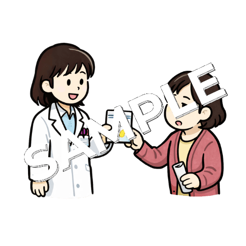女性薬剤師が女性患者に薬を手渡しているイラスト