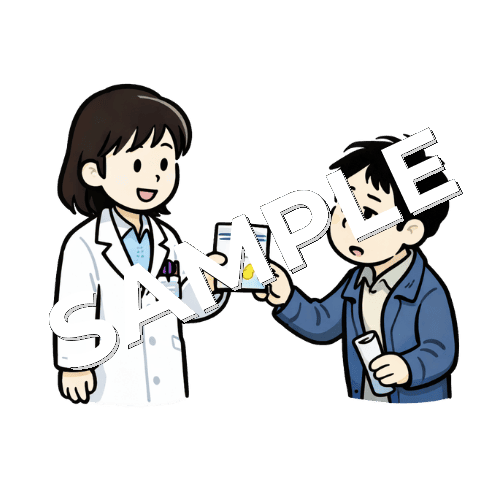 女性薬剤師が男性患者に薬を手渡しているイラスト